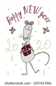 Happy new year greeting card. White rat is holding a New Year's gift in his hands. Template for Happy New Year 2020 greeting card, banner, poster.