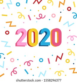 Happy New Year. Greeting card with inscription Happy New Year 2020. Memphis geometric bright style for Happy New Year 2020 or Merry Christmas. Holiday background, poster. Vector Illustration