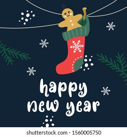 Happy New Year greeting card. Gingerbread man in red sock, trees and hand drawn lettering. Postcard or invitation template. Christmas concept for invitation and party.