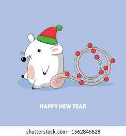 Happy new year greeting card design with symbol of year little mouse or rat sitting with santa hat and garland