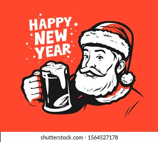 Happy New Year greeting card. Santa Claus pop art style. Vector illustration