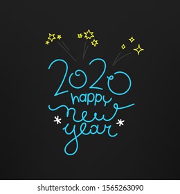 Happy New year greeting card with fireworks. Doodling style elements and lettering inscription