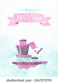 Happy New Year greeting card or template design with gift boxes and watercolor effect on white background.