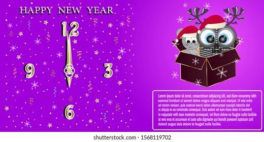 happy new year greeting card with owl and mouse. vector illustration.