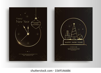 Happy New Year greeting card design with stylized gold clock, xmas tree and decoration. Merry Christmas poster layout with snowglobe. Golden line Holidays illustration on dark background.