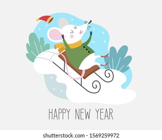 Happy New Year greeting card with a cute mouse riding a sled from a hill on a snowy background. 2020 happy new year print