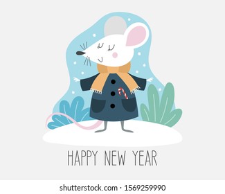 Happy New Year greeting card with a cute mouse in clothes on a snowy background. 2020 happy new year print