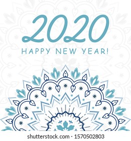 Happy new year greeting card. Winter snowflake ornament vector illustration. Blue colors. 2020 lettering