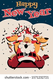 Happy New Year Greeting Card, Santa Claus and Reindeers, Funny Illustration 