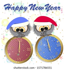 
happy new year greeting card with owls. vector illustration.