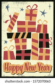 Happy New Year Greeting Card, Christmas Gifts, Mid century modern style, Grunge Texture Pattern