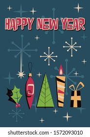 Happy New Year Greeting Card Retro Style, Holly, Christmas Tree, Decoration, Candle, Gift. Vintage Colors, Grunge Texture Pattern