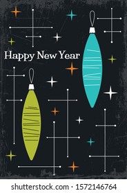 Happy New Year Greeting Card, Christmas Decoration, Stars, Mid Century Modern Style, Retro Colors and Shapes, Grunge Texture Pattern