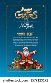 Happy New year greeting card with Santa and gift boxes. Merry Christmas golden text. Holiday poster, Happy New Year Gift card. Vector illustration