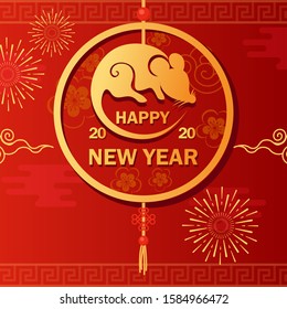 Happy New Year greeting card template. Golden amulet, mouse silhouette in round frame. 2020 oriental zodiac symbol, animal mascot on red background. Stylish winter holiday postcard layout.