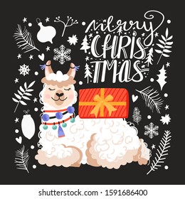 Happy New Year greeting card. Cute cartoon alpaca with gift and Christmas decorations. Vector illustration for greeting cards, sticker, posters, invitation etc.