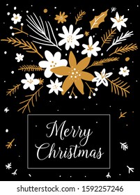 Happy New Year greeting card with hand drawn decorative elements. Trendy vintage style. Christmas Poster. Vector illustration. Template for Scrapbooking, Congratulations. Flower illustration isolated.
