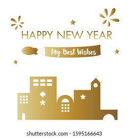 happy new year greeting card that can be customized with your own words, including city,firework, air balloon, ans stars.