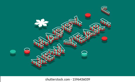 Happy new year greeting card. Christmas theme cheerful illustration on green background.