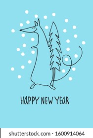 Happy New Year greeting card with rat, zodiac animal for 2020. Funny horoscope rat with new year tree, hand lettering, snowflakes on blue background