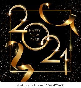 Happy new year greeting card vector template. Festive christmas social media banner design with congratulations. Golden 2021 number in frame with confetti realistic illustration with typography