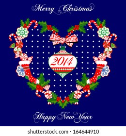 Happy New Year Greeting Card with Christmas. heart with Christmas ball, Vector illustration.
