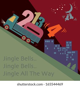 Happy New Year greeting card - truck at work, vector illustration