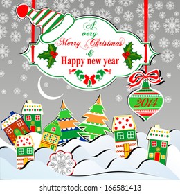 Happy New Year Greeting Card with Christmas landscape. Vector illustration. 