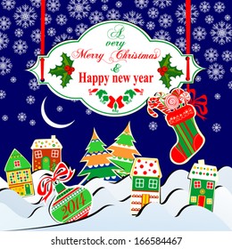 Happy New Year Greeting Card with Christmas landscape. Vector illustration. 
