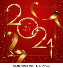 Happy new year greeting card vector template. Festive christmas social media banner design with congratulations. Golden 2021 number in frame with confetti realistic illustration with typography