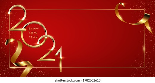 Happy new year greeting card vector template. Festive christmas social media banner design with congratulations. Golden 2021 number in frame with confetti realistic illustration with typography