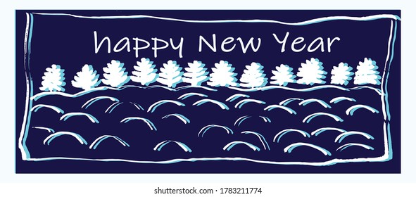 happy new year greeting card on dark blue background with white snowy trees, vector illustration
