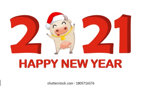 Happy New Year greeting card. Cute cow cartoon character. Chinese New Year of Bull 2021. Vector illustration