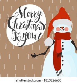 Happy new year greeting card with funny snowman. Vector illustration in a festive cartoon style, art for printing on postcards.