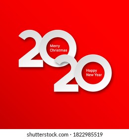 Happy New Year Greeting Card Design. Winter Holiday Illustration with White 2020 Numbers on Red Background. Chinese Year of Rat Poster, Sale Banner, Flyer Template