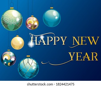 Happy New Year greeting card, Christmas tree toys, decoration for new year and Christmas, blue, yellow, purple bright shiny
