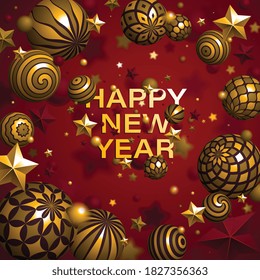 Happy New Year greeting card with shiny realistic balls flying vector design, background with winter holiday elements, joyful and festive celebration party invitation.