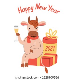 Happy New Year greeting card with a cute cheerful bull or cow drinking champagne. Animal sits on a gift box. Year of ox 2021. Hand drawn lettering. Vector illustration isolated on white background.