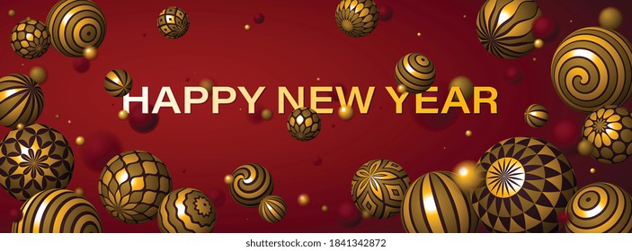 Happy New Year greeting card with shiny realistic balls flying vector design, background with winter holiday elements, joyful and festive celebration party invitation.