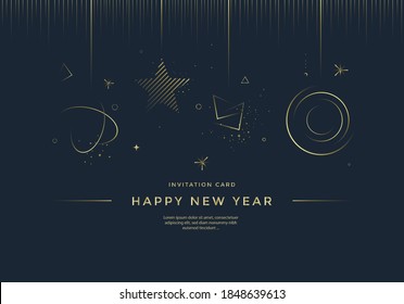 Happy New Year greeting card design with stylized gold toys, and decoration on dark background. Merry Christmas Golden line illustration