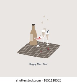 Happy New Year greeting card, invitation. Bottle of wine, champagne glasses and cocktail on checkered plaid. Berries, fir branch and golden stars. Winter birthday party and celebration concept.