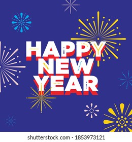 Happy New Year Greeting Card. Vector Illustration of fireworks with lettering Composition.