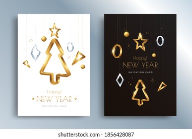 Happy New Year greeting card design with 3d gold stylized Christmas tree. Holiday background with Golden toys and decoration.