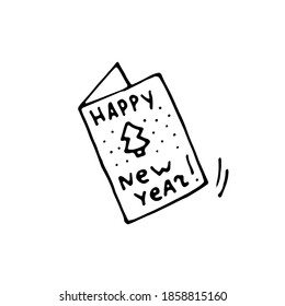 Happy New Year greeting card. Vector hand-drawn doodle illustration. Black and white outline.