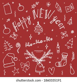 Happy new year greeting card. Template for Happy New Year greeting card, banner, poster and designs. Set of New Year and Christmas elements. Christmas trees, bells, hat of Santa Claus. Hand drawn.