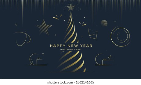 Happy New Year greeting card design with stylized Christmas tree and gold decoration on dark background. Merry Christmas Golden line illustration