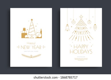 Happy New Year greeting card design with stylized Christmas tree and decoration on white background. Merry Christmas invite posters template. Vector line illustration