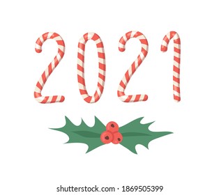 Happy New Year Greeting Card with numbers 2021. Cartoon vector illustration Christmas Candy Cane. Hand drawn font. Actual Creative Holidays sweet alphabet