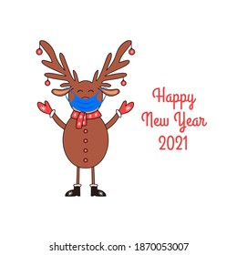 Happy New Year greeting card with cute Deer in medical mask on white background.