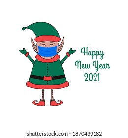Happy New Year greeting card with cute Elf in medical mask on white background.